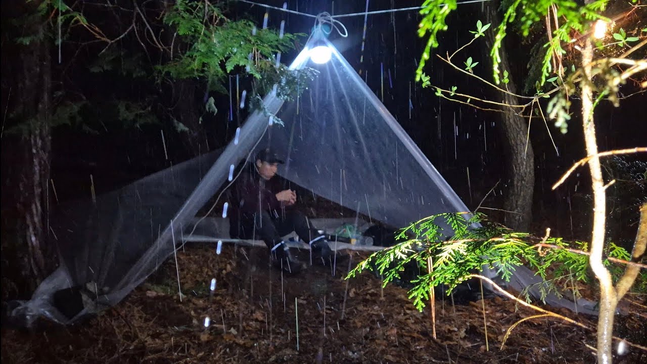 밤새워 ☔️ 비가쏟아지는 숲속에서 농업용 비닐로 비를 막고 라면어묵 끓여먹고 우중캠핑 감성 낭만 야생 생존 비박캠핑 백패킹 - 차사랑캠프 썸네일