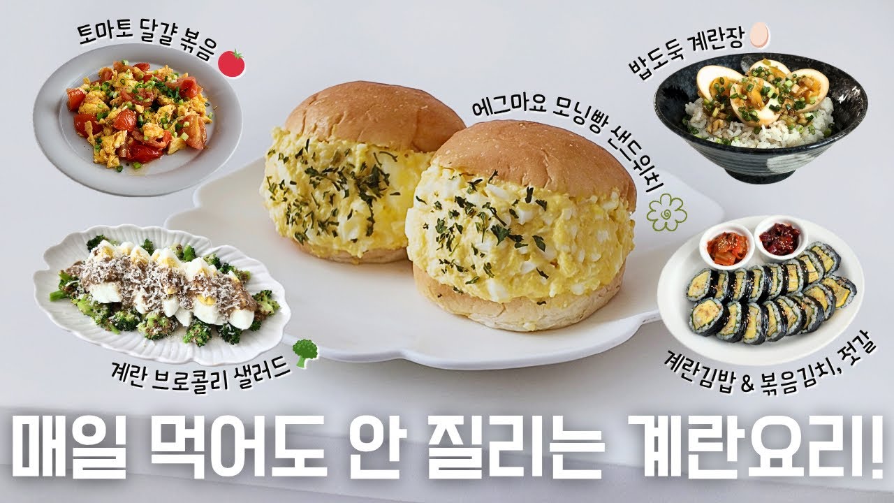 [요리Vlog] 매일 먹어도 안 질리는 계란요리 5가지! | 에그마요 모닝빵 샌드위치 | 계란말이김밥 | 에그브로콜리 샐러드 | 계란장 | 토마토달걀볶음 - SUJI_KYU 썸네일
