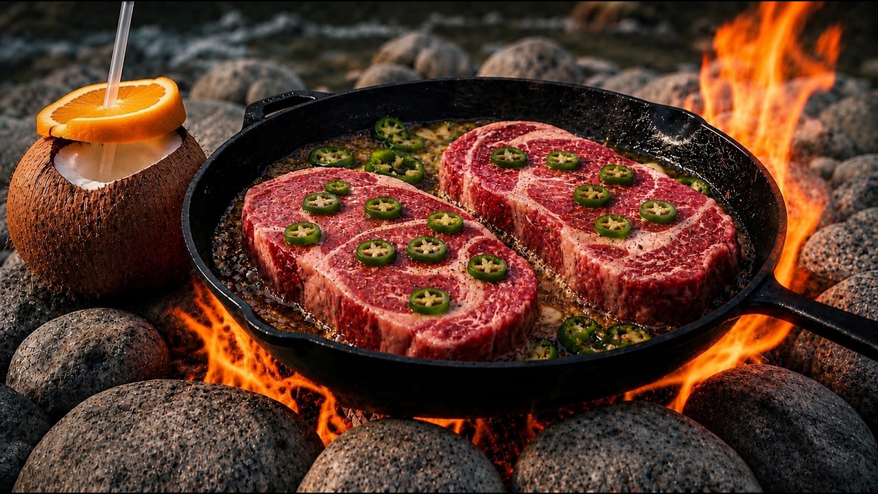Garlic Butter Steak with Jalapenos & a Tropical Coconut Cocktail | Wilderness Cooking - meatbaza 썸네일